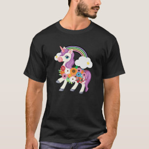 Unicorn Flowers Bloom Floral Rainbow Clouds Outdoo T-Shirt
