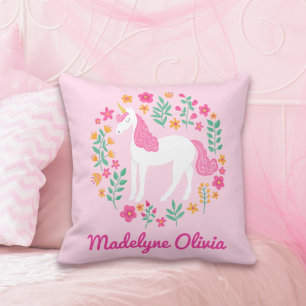 Unicorn Flowers Cute Pink Personalised Name Cushion