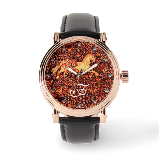 UNICORN,FLOWERS,FOREST ANIMALS Red Floral Monogram Watch (Front)