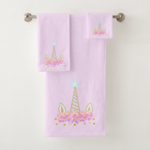 Unicorn, Flowers & Gold Confetti Bath Towel Set