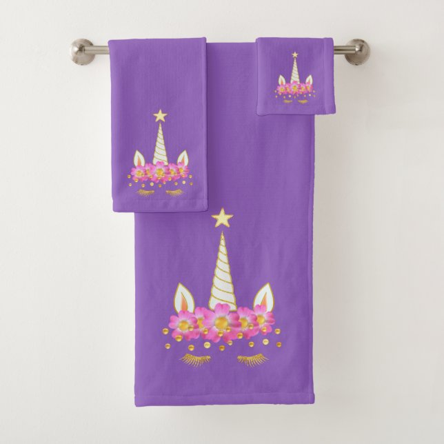 Unicorn, Flowers & Gold Confetti Bath Towel Set (Insitu)