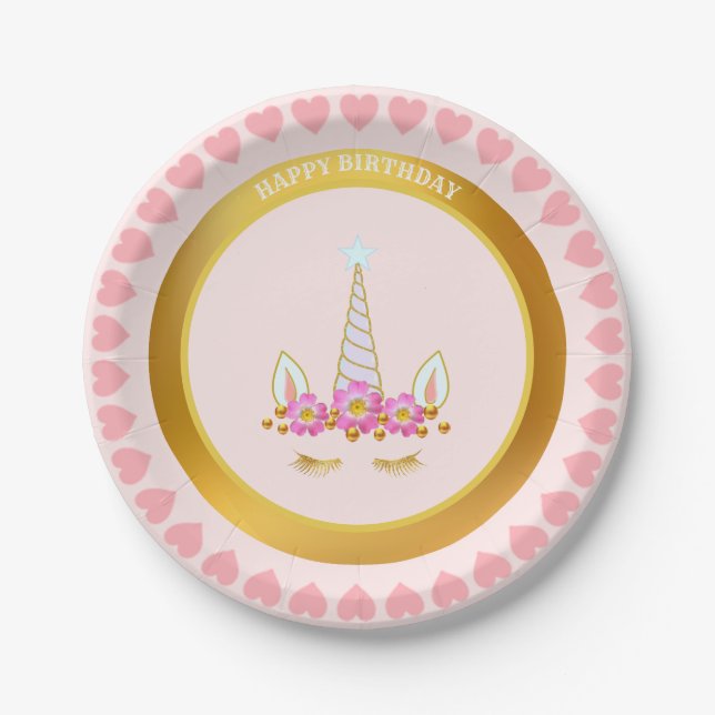 Unicorn, Flowers & Gold Confetti on Pink Birthday Paper Plate (Front)