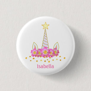 Unicorn, flowers & gold confetti on white 3 cm round badge