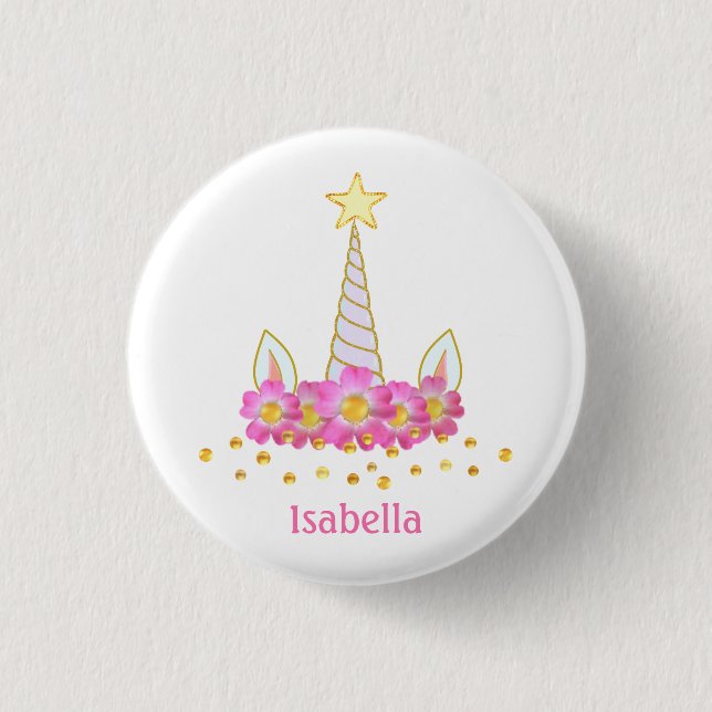 Unicorn, flowers & gold confetti on white 3 cm round badge (Front)