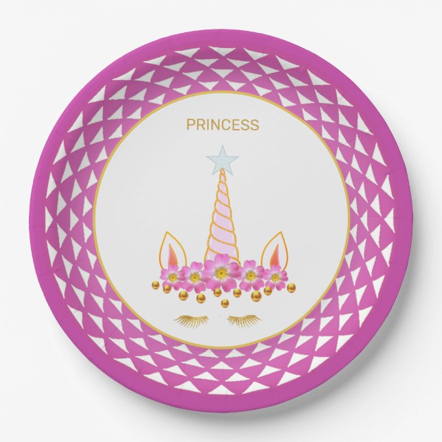 Unicorn, flowers, gold confetti on white & violet paper plate (Front)