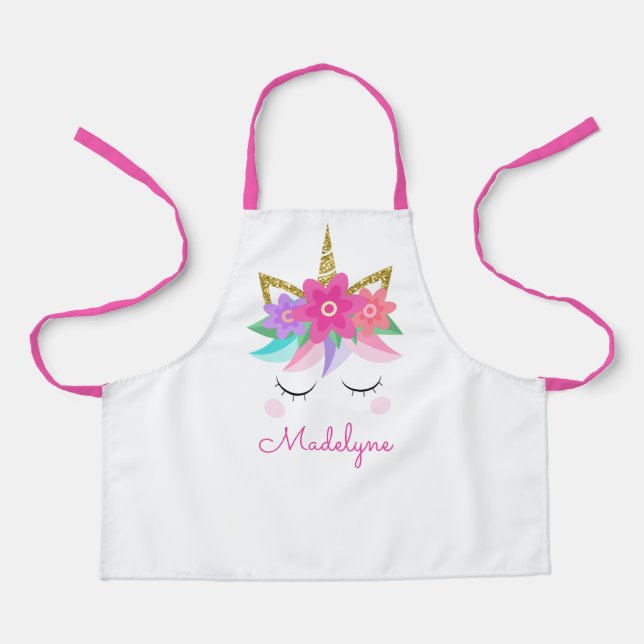 Unicorn Flowers Gold Glitter Personalised Apron (Front)