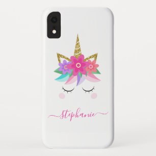 Unicorn Flowers Gold Glitter Personalised iPhone XR Case