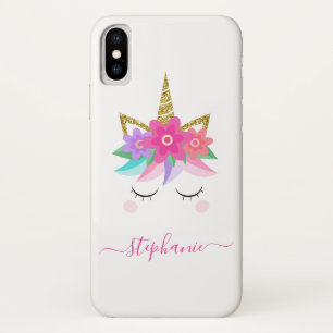 Unicorn Flowers Gold Glitter Personalised iPhone X Case