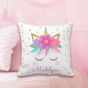 Unicorn Flowers Gold Glitter Personalised Girly Cushion