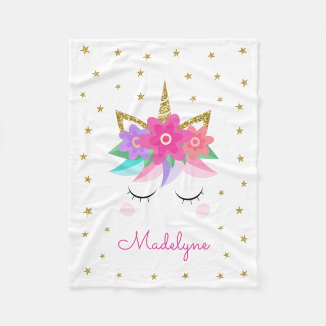 Unicorn Flowers Gold Glitter Personalised Girly Fleece Blanket (Front)