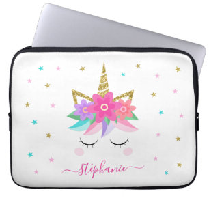 Unicorn Flowers Gold Glitter Personalised Laptop Sleeve