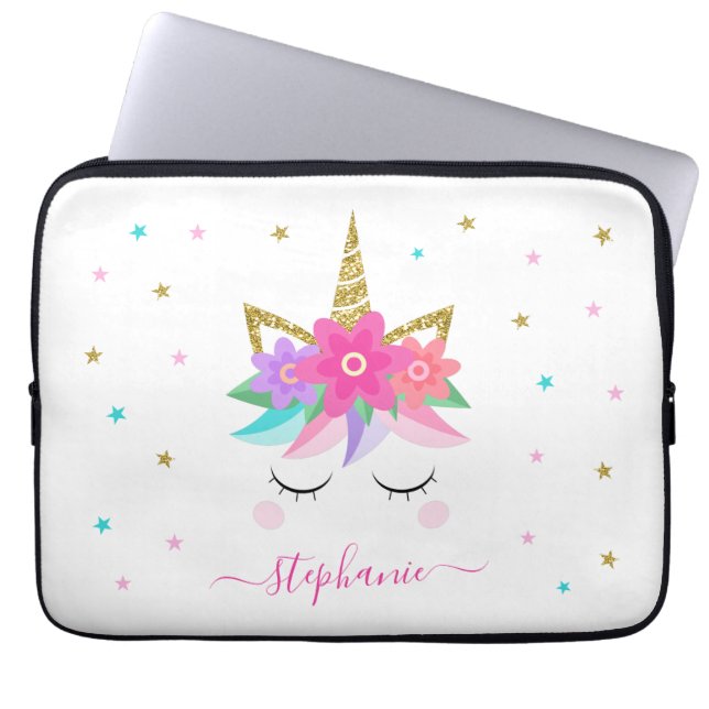 Unicorn Flowers Gold Glitter Personalised Laptop Sleeve (Front)
