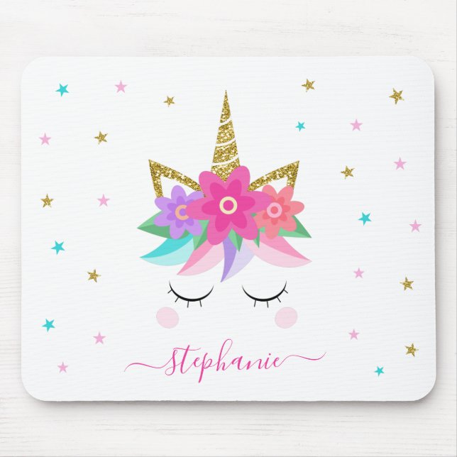 Unicorn Flowers Gold Glitter Personalised Mouse Mat (Front)