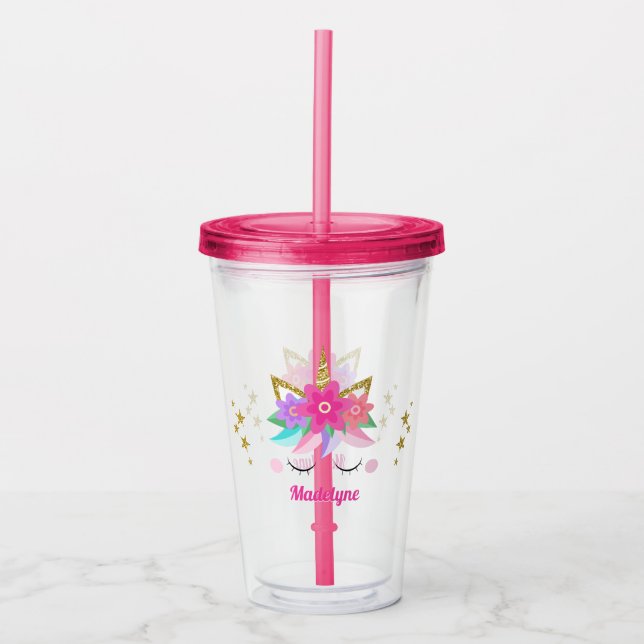 Unicorn Flowers Gold Glitter Stars Personalised Acrylic Tumbler (Front)