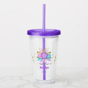 Unicorn Flowers Gold Glitter Stars Purple Acrylic Tumbler