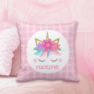 Unicorn Flowers Gold Pink Daisy Personalised Girly Cushion