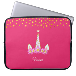 Unicorn, flowers & golden confetti on pink laptop sleeve