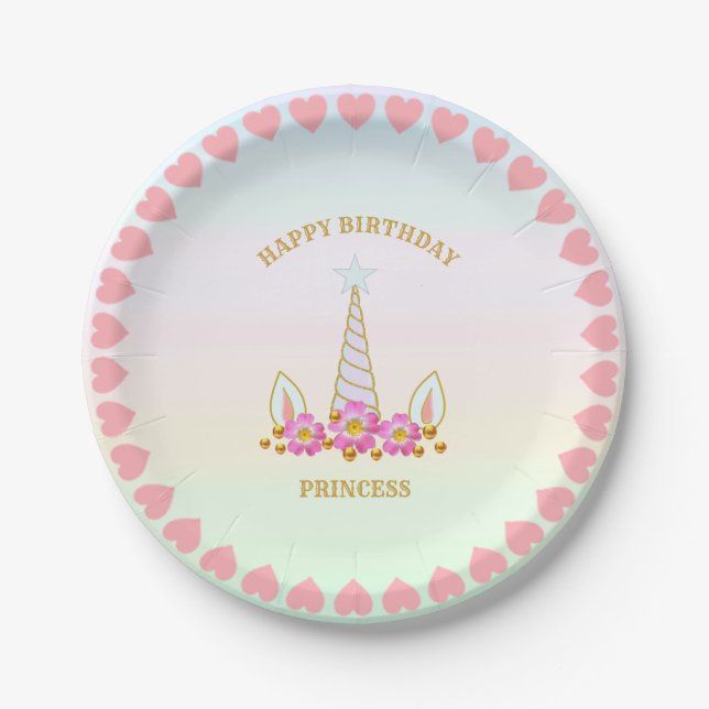 Unicorn, Flowers, Hearts & Gold Dots Paper Plate (Front)