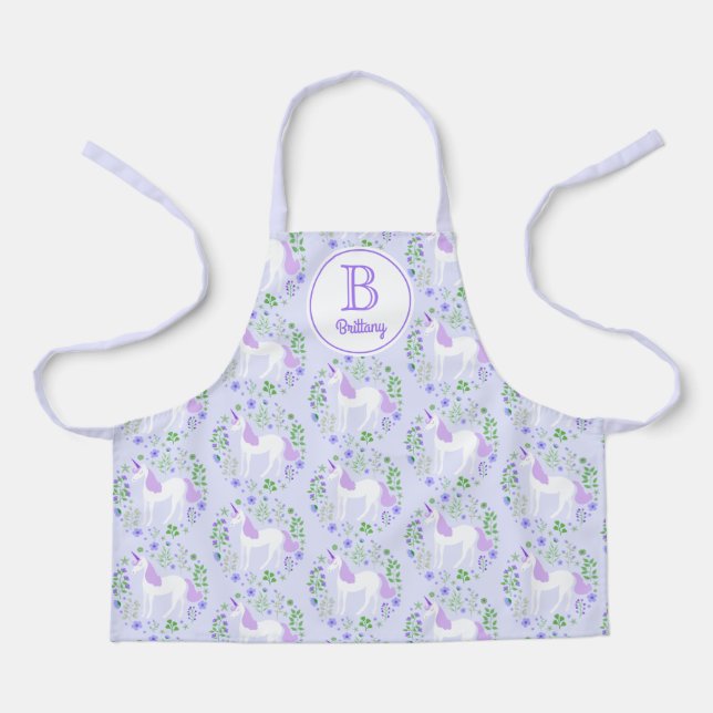 Unicorn Flowers Monogram Name Purple Apron (Front)