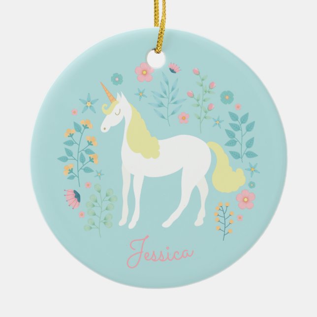 Unicorn Flowers Pink Aqua Personalised Ceramic Tree Decoration (Front)