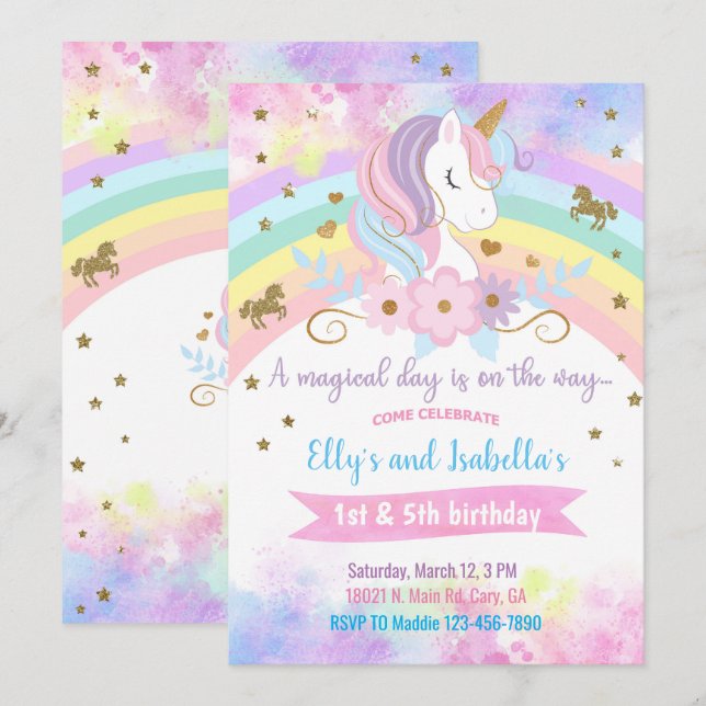 Unicorn & flowers siblings birthday invitation. invitation (Front/Back)
