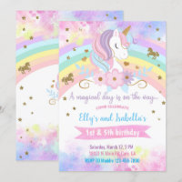 Unicorn & flowers siblings birthday invitation.