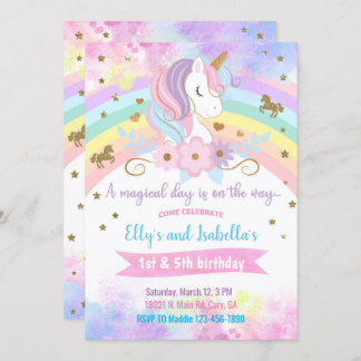 Unicorn & flowers siblings birthday invitation. invitation