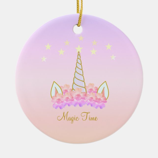 Unicorn Flowers & Stars Ceramic Tree Decoration (Front)