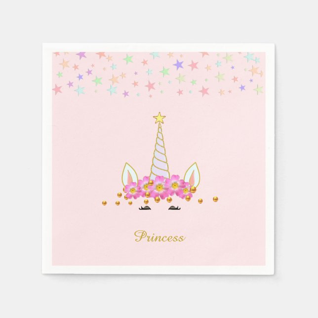 Unicorn, Flowers, Stars & Gold Confetti Birthday Napkin (Front)