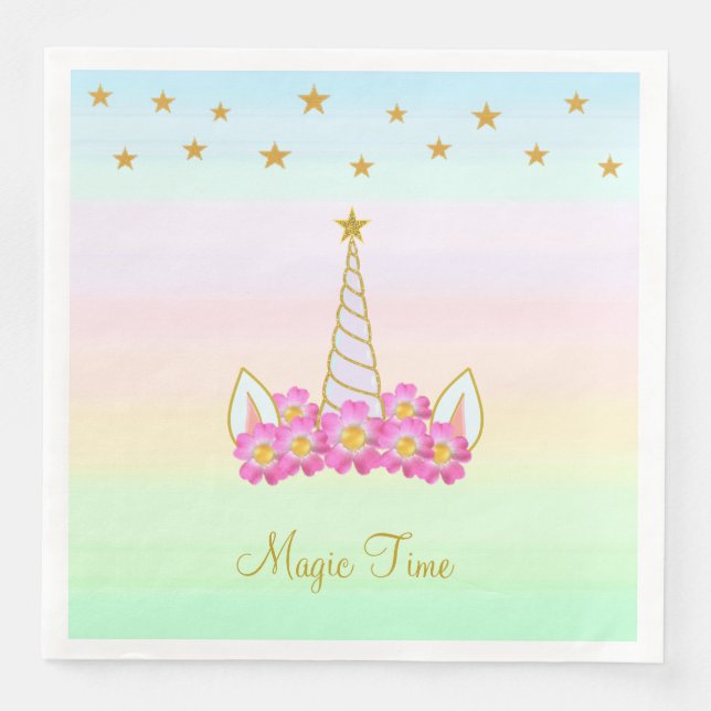 Unicorn Flowers & Stars on Pastel Colours Napkin (Front)
