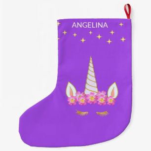 Unicorn Flowers & Stars on Violet Large Christmas Stocking