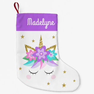 Unicorn Flowers Stars Personalised Name Purple Small Christmas Stocking