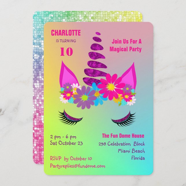 Unicorn Flowery Super Cute Girly Birthday Invite (Front/Back)