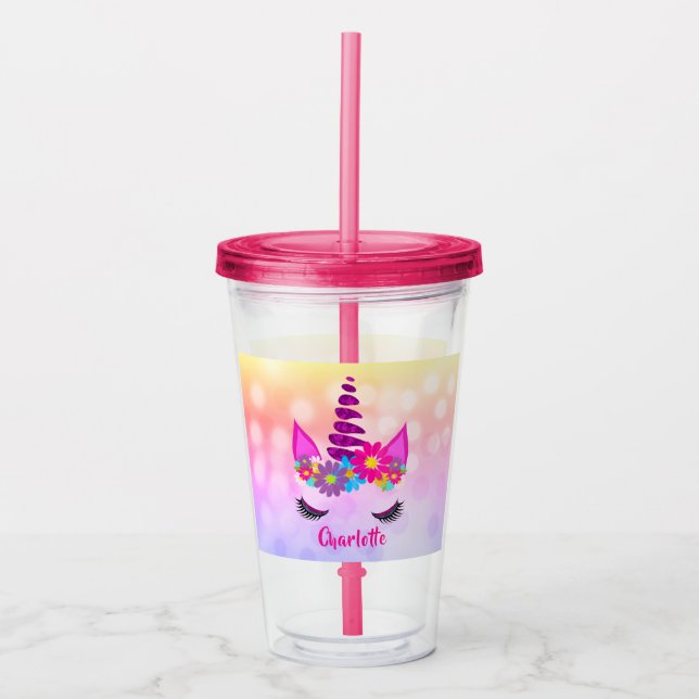 Unicorn Flowery Super Cute Girly Personalised Acrylic Tumbler (Front)