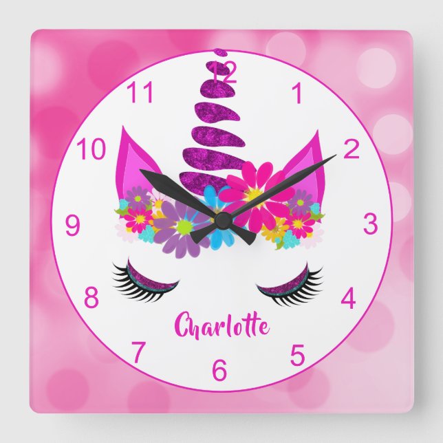 Unicorn Flowery Super Cute Girly Personalised Square Wall Clock (Front)