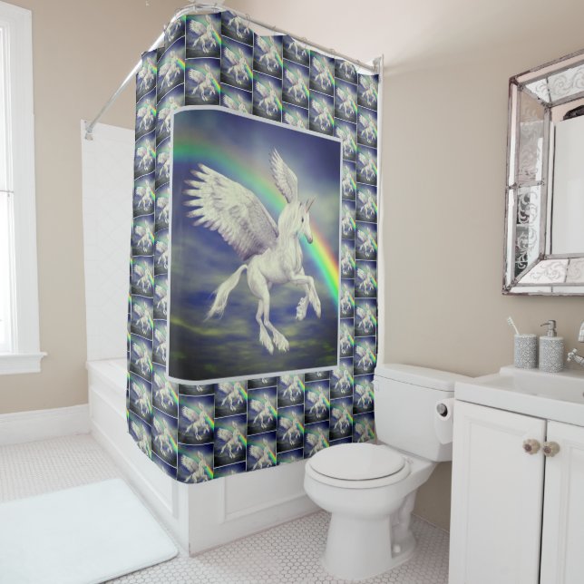 Unicorn Flying Over Rainbow Animal Art   Shower Curtain (In Situ)