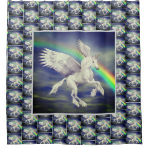 Unicorn Flying Over Rainbow Animal Art   Shower Curtain