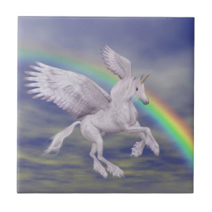 Unicorn Flying Over Rainbow Animal Art Tile