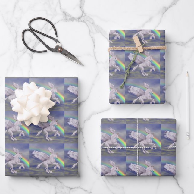 Unicorn Flying Over Rainbow Animal Art   Wrapping Paper Sheet (Front)