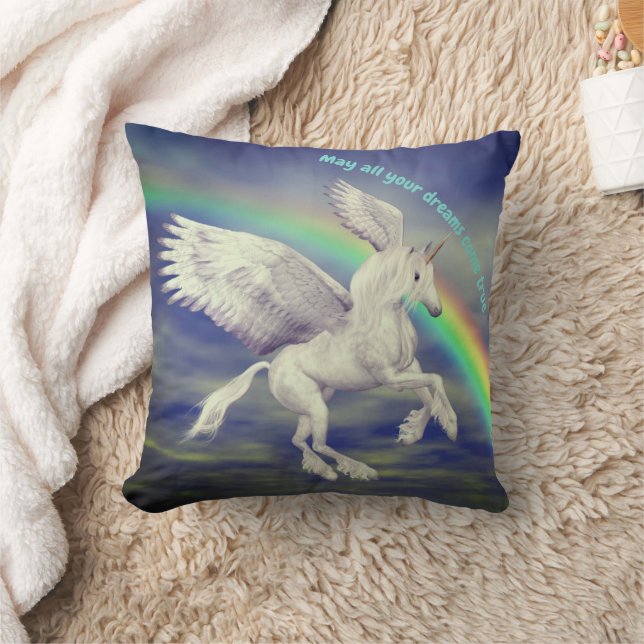 Unicorn Flying Over Rainbow Dreams Inspirational Cushion (Blanket)