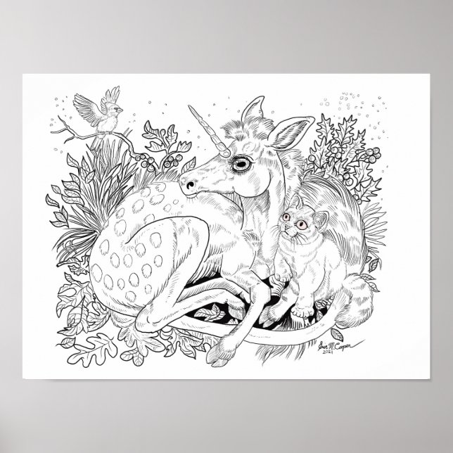 Unicorn Foal Enchanted Friends Colouring Page Poster (Front)