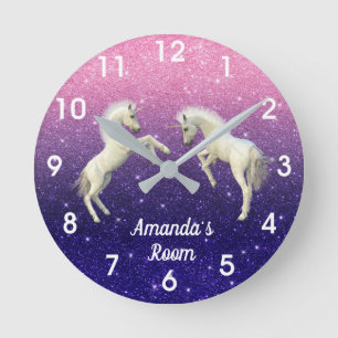 Unicorn Foals Purple Pink Glitter Personalised Round Clock