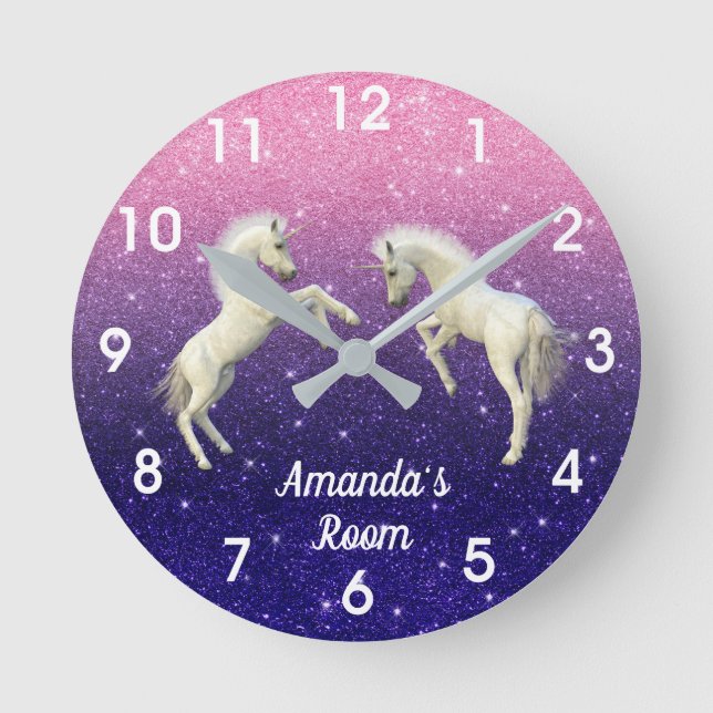 Unicorn Foals Purple Pink Glitter Personalised Round Clock (Front)