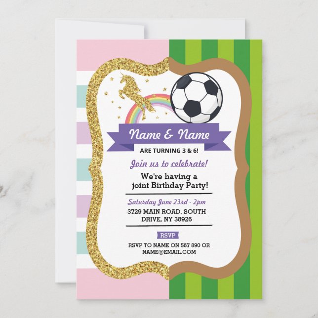Unicorn & Football Joint Birthday Girl Boy Sports Invitation (Front)