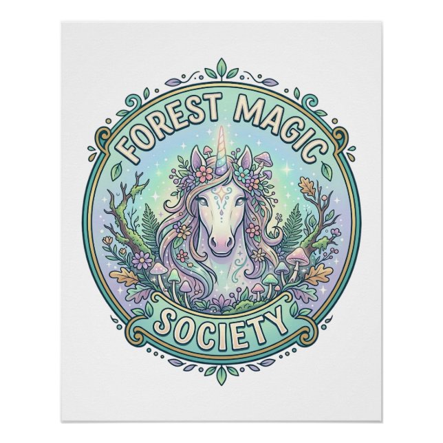 Unicorn Forest Magic Society Graphic Design White  Poster (Front)