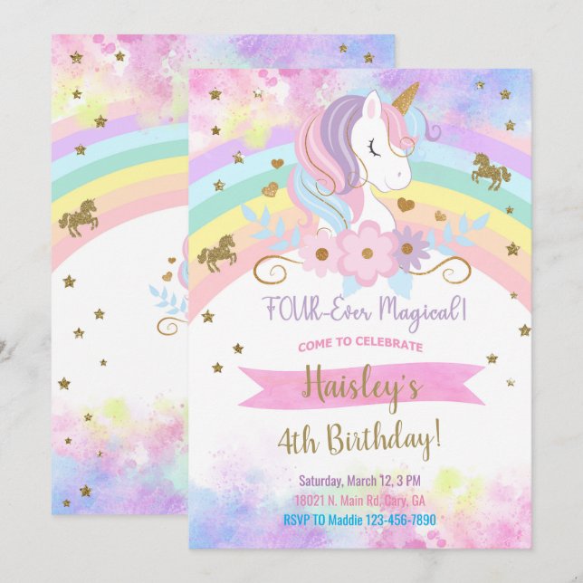 Unicorn four-ever magical birthday invitation. invitation (Front/Back)