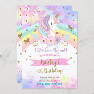 Unicorn four-ever magical birthday invitation. invitation