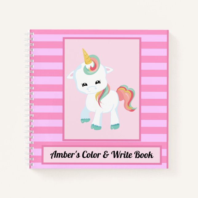 Unicorn Fun Kids Colour & Write Book Pink Stripes (Front)