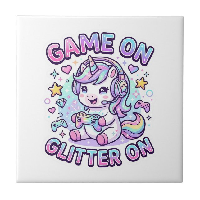 Unicorn Game On Glitter On Graphic Design Merch De Tile (Front)