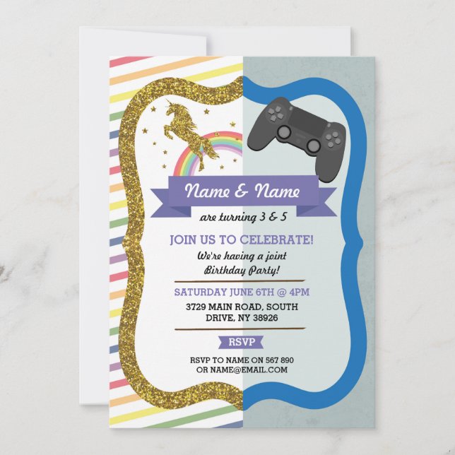 Unicorn & Gaming Joint Boy girl Birthday Invites (Front)